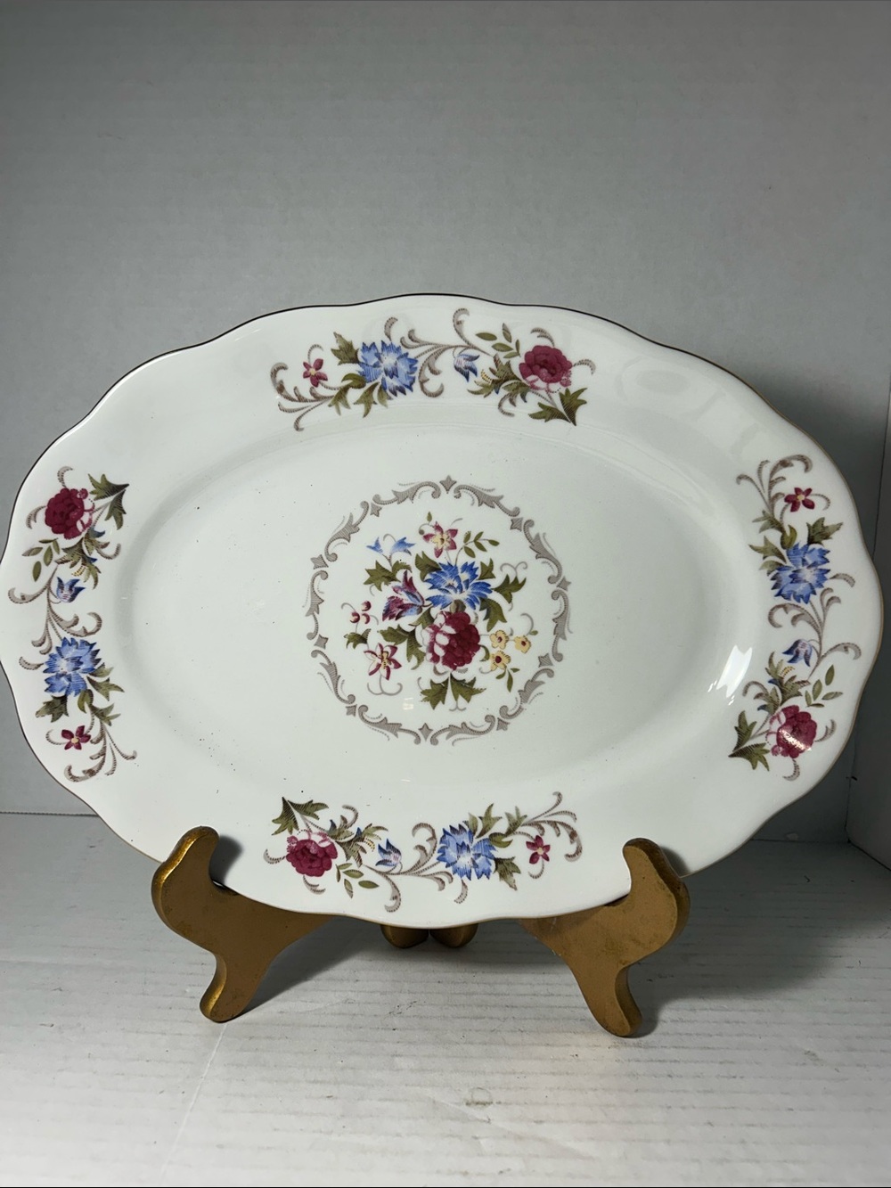 Vintage Floral White Serving Platter - Pink & Blue Floral Accent 13 inch